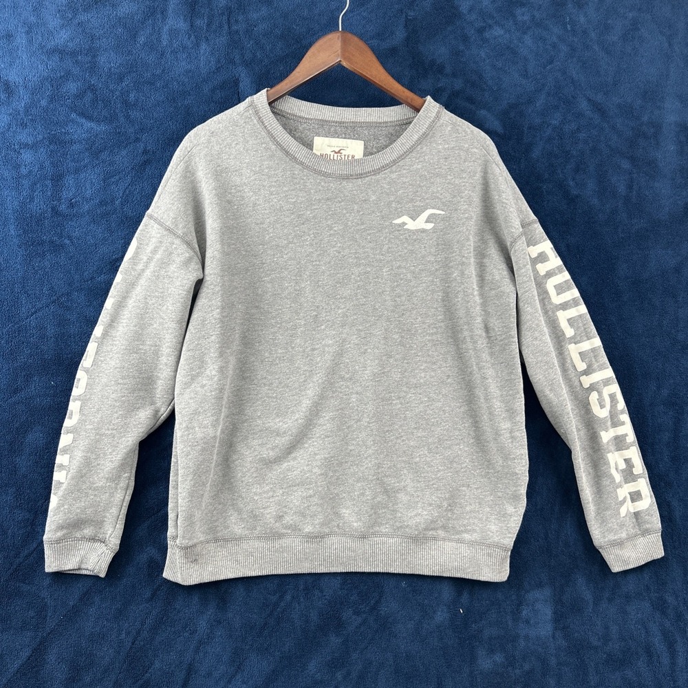 Hollister Y2K Mens Crewneck Sweater Size S Gray Logo Spellout Skater Preppy